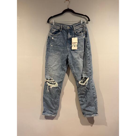 ZARA Denim Collection High Rise Distressed Mom Jeans - Picture 1 of 6